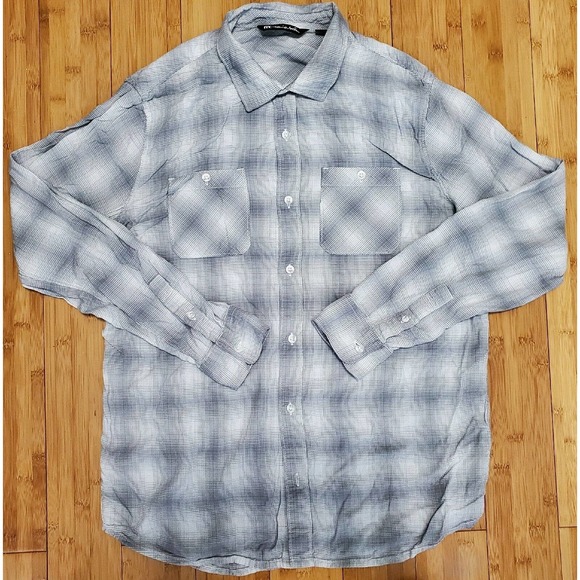 Travis Matthew Shirt Rayon Men's Size L Gray White Long Sleeve Plaid Button Up - Picture 1 of 10